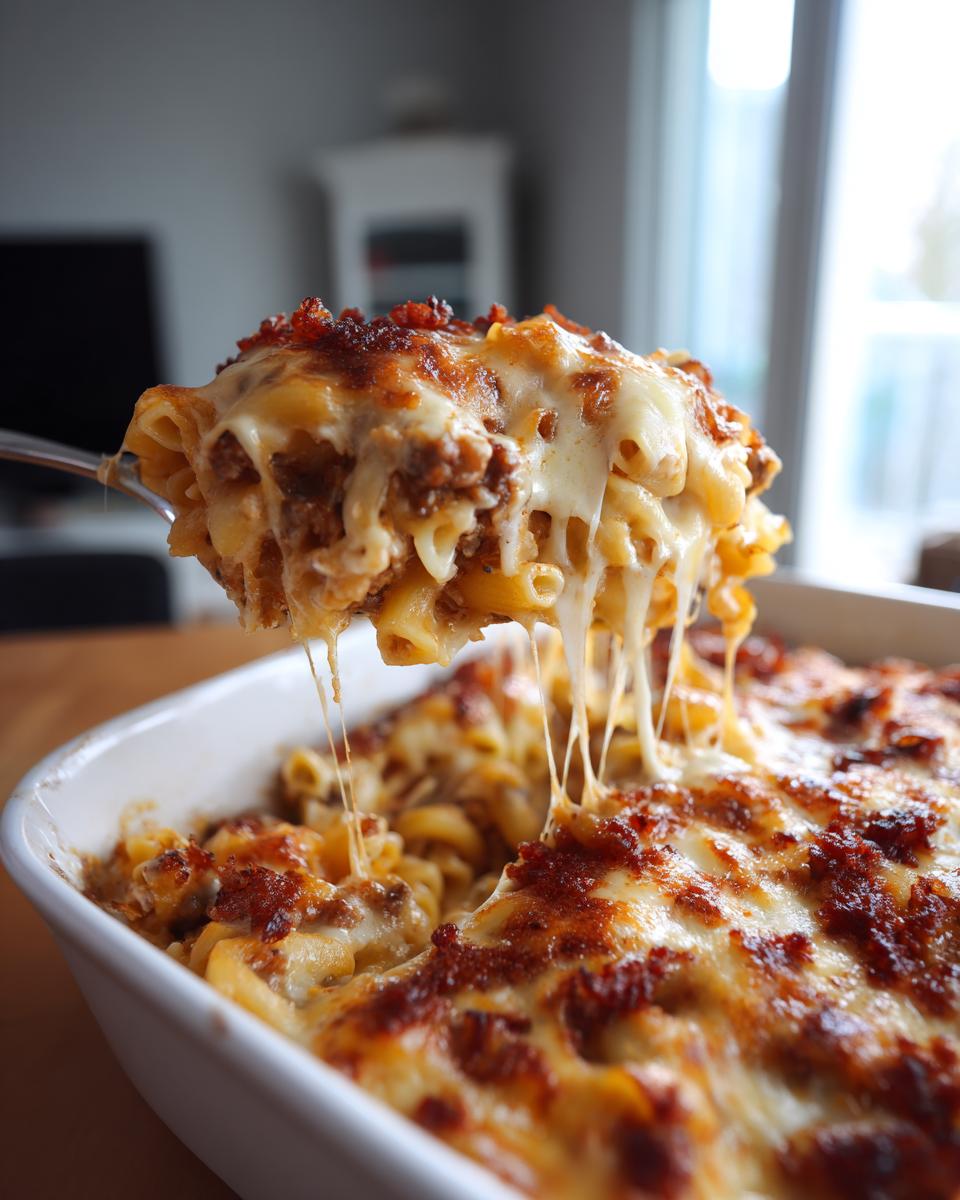 Spoon lifting a serving of Bacon Cheeseburger Casserole with melted cheese and pasta.