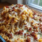 A spoonful of cheesy Bacon Cheeseburger Casserole being lifted, showing melted cheese and ingredients.
