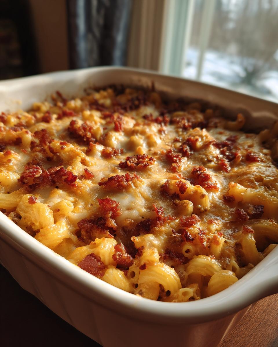 Close-up of a cheesy Bacon Cheeseburger Casserole with elbow macaroni and crispy bacon bits.