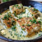 Delicious Baked Cod in Coconut Lemon sauce, garnished with fresh parsley, served in a black bowl.