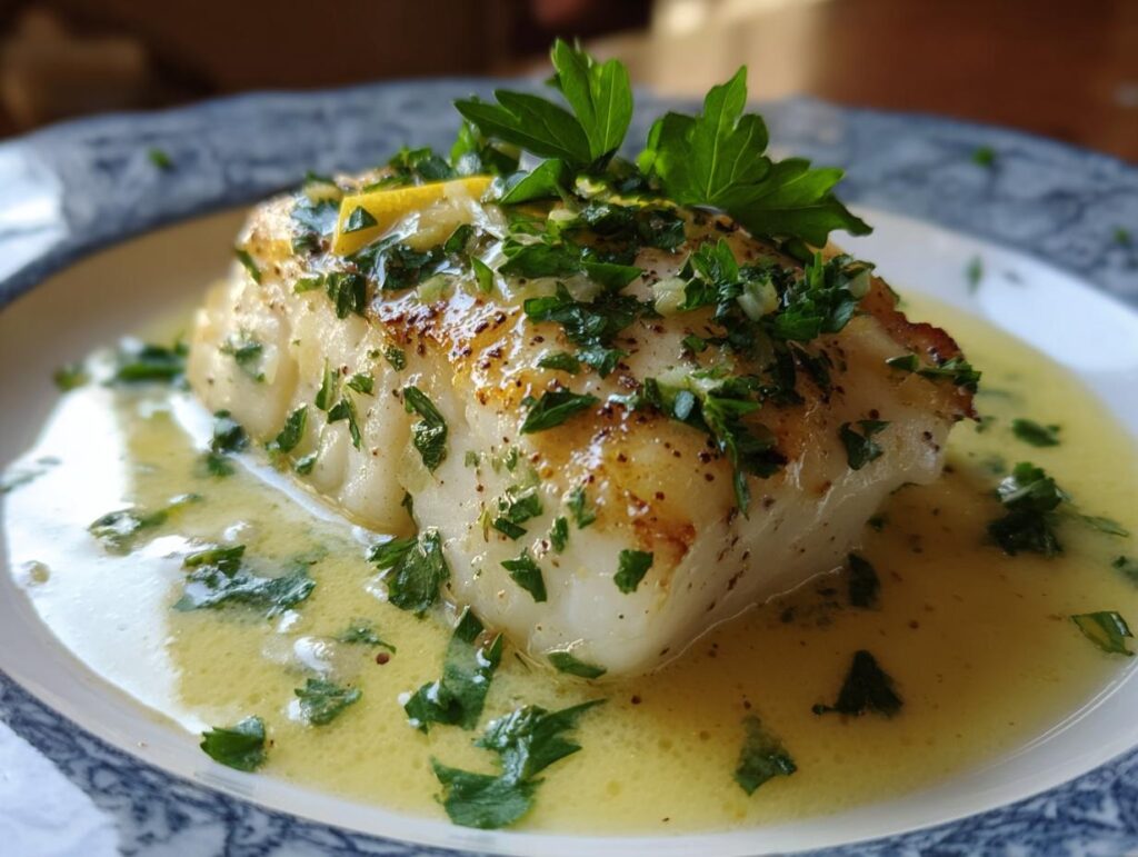 A serving of Baked Cod in Coconut Lemon sauce, garnished with parsley and lemon.