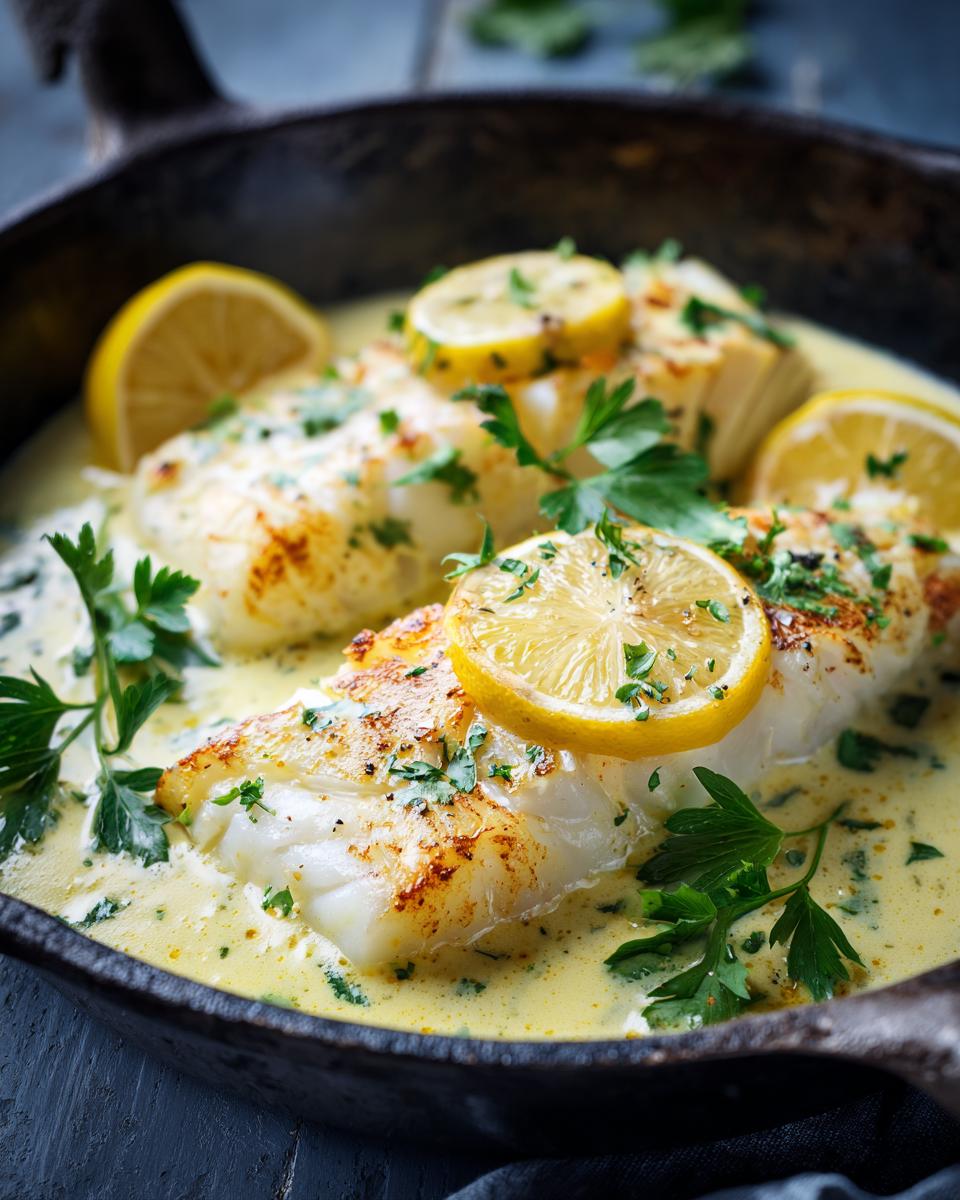 Close-up of Baked Cod in Coconut Lemon sauce, garnished with lemon slices and fresh parsley.