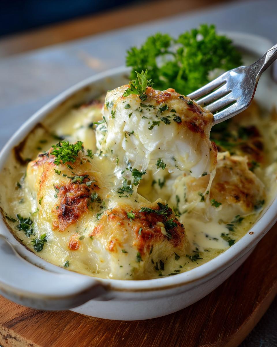 Close-up of Baked Cod in Coconut Lemon in a baking dish, garnished with parsley.