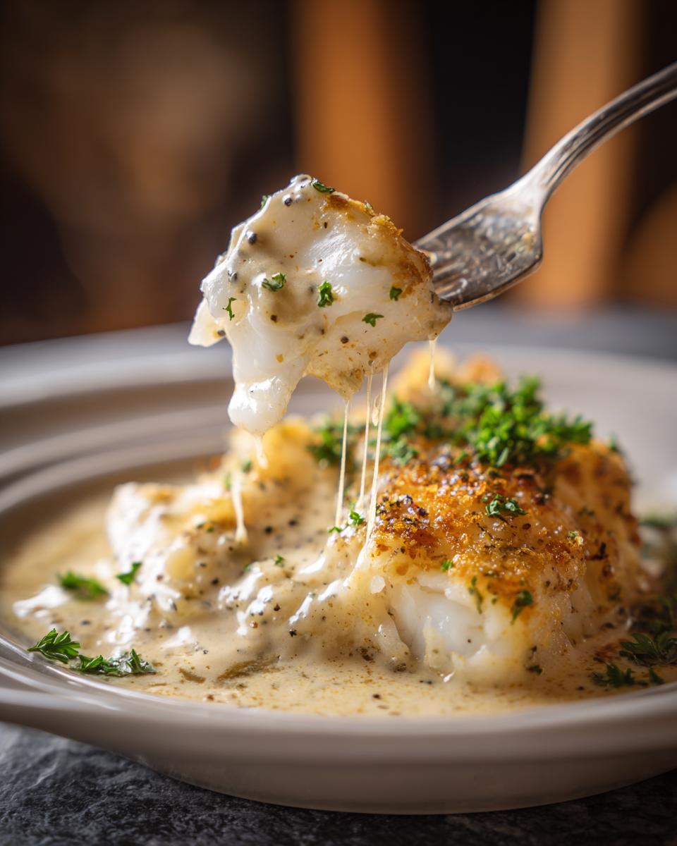 Close-up of Baked Cod in Coconut Lemon sauce being lifted with a fork, garnished with parsley.