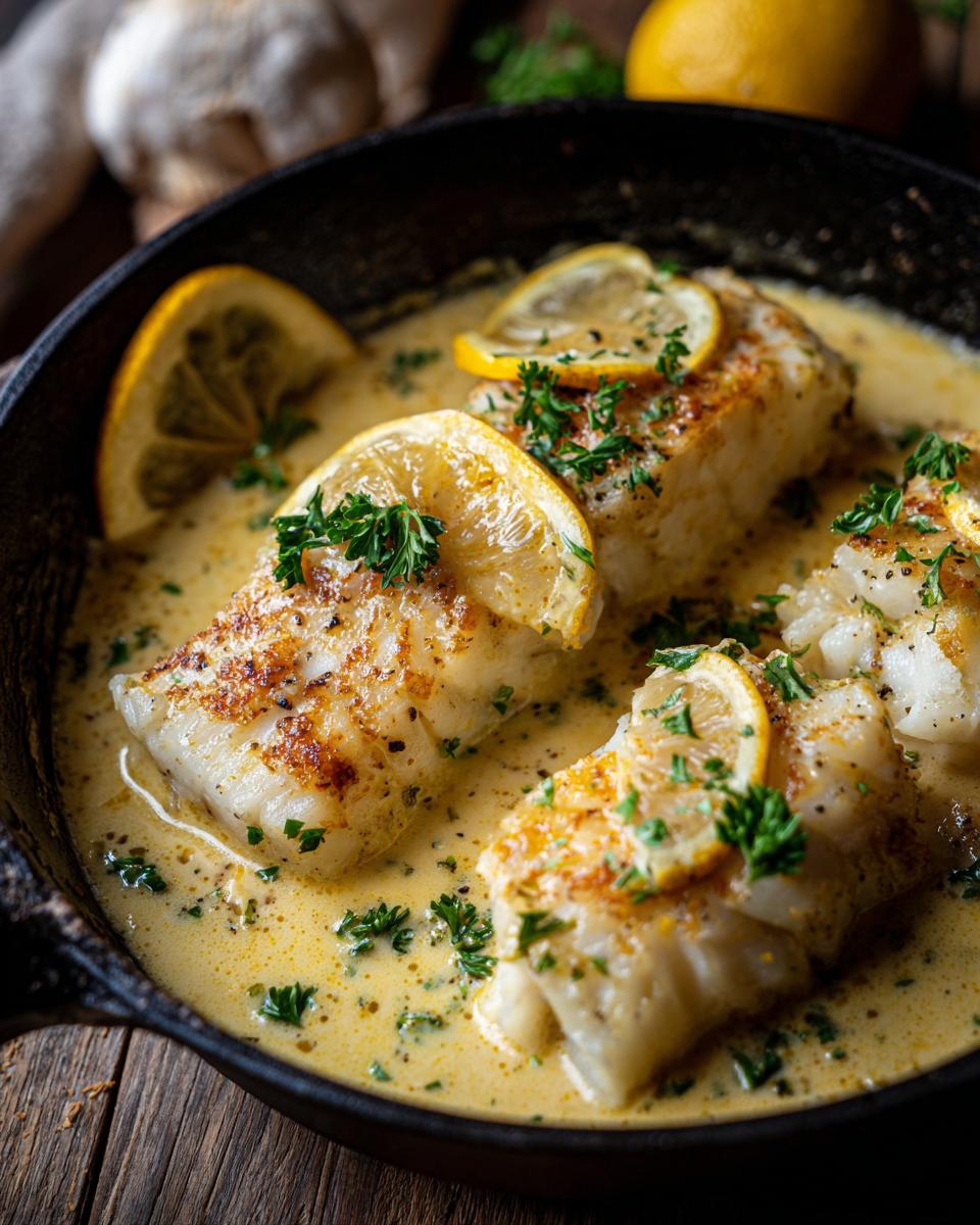 Close-up of Baked Cod in Coconut Lemon sauce, garnished with lemon slices and fresh parsley.