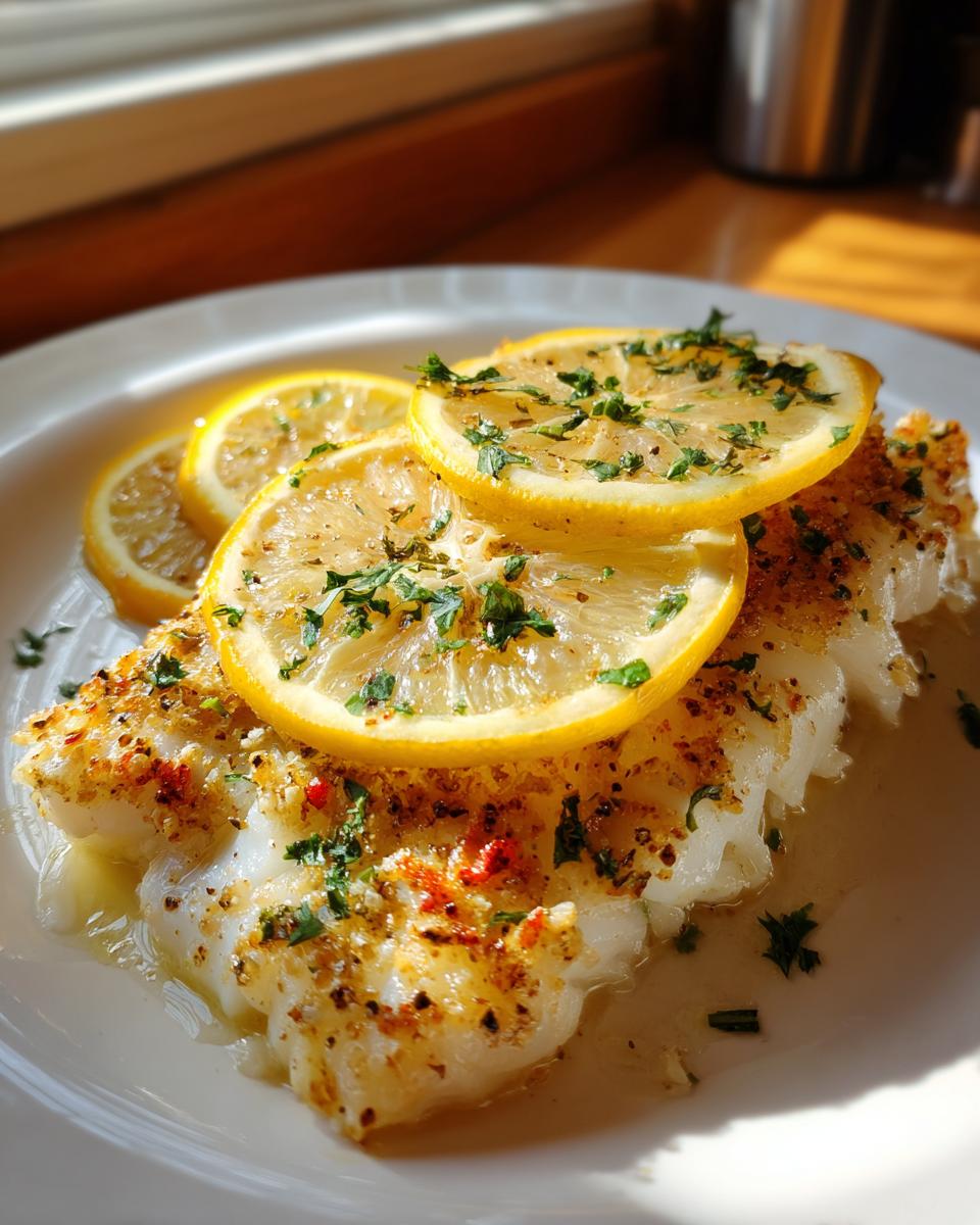 A serving of Baked Cod with Lemon slices and fresh herbs on a white plate, ready to eat.