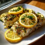 Close-up of Baked Cod with Lemon slices, herbs, and spices on a white plate, ready to serve.