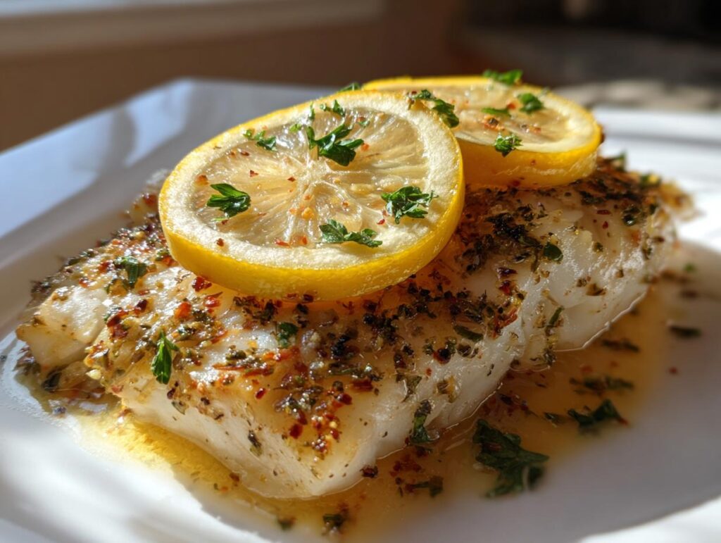 Close-up of Baked Cod with Lemon slices, herbs, and spices on a white plate.