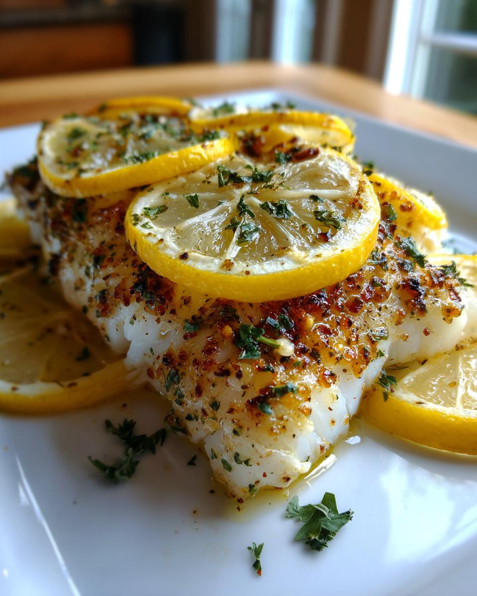 Close-up of Baked Cod with Lemon slices and fresh herbs on a white plate, ready to serve.