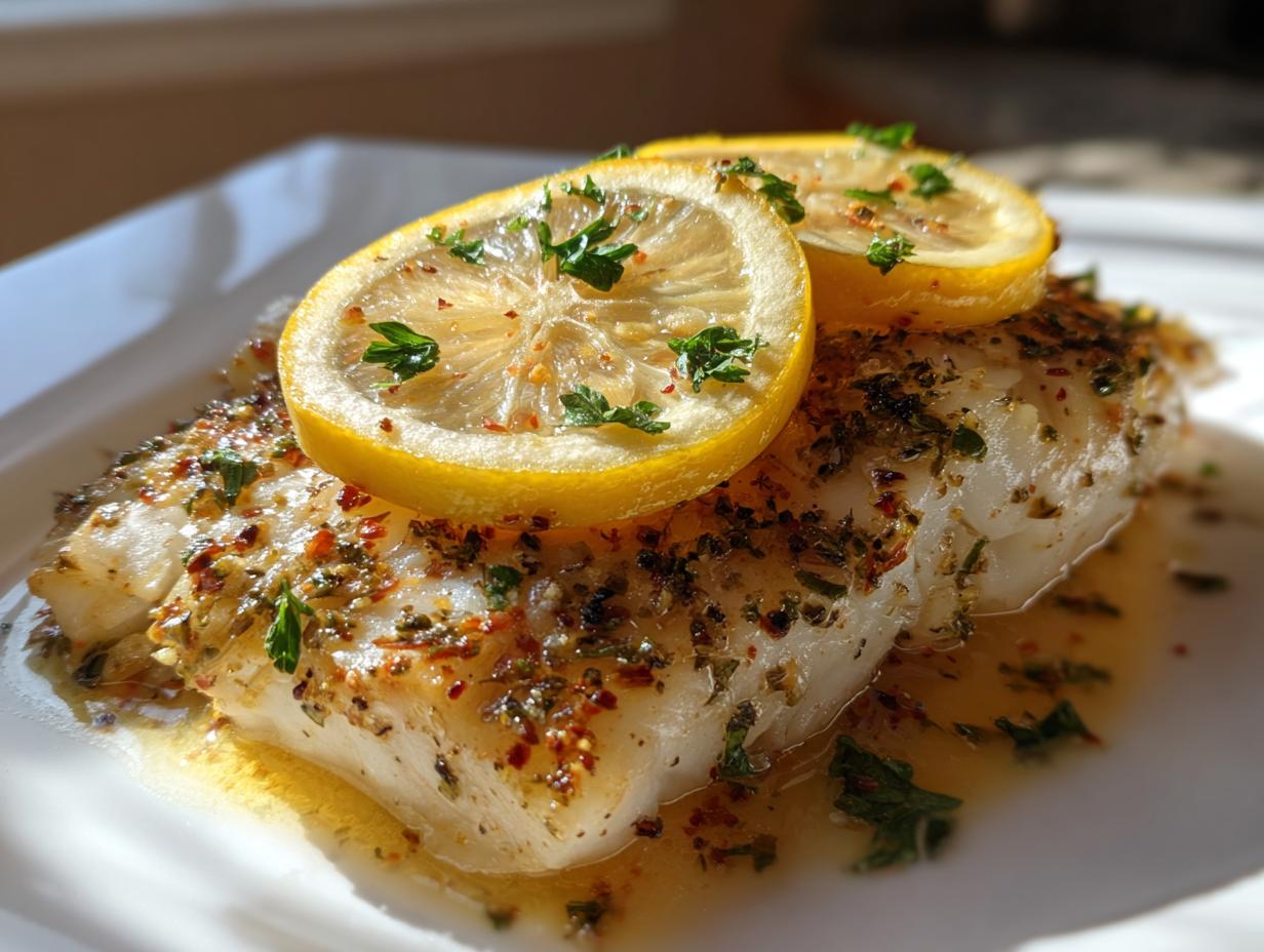 Close-up of Baked Cod with Lemon slices, herbs, and spices on a white plate.