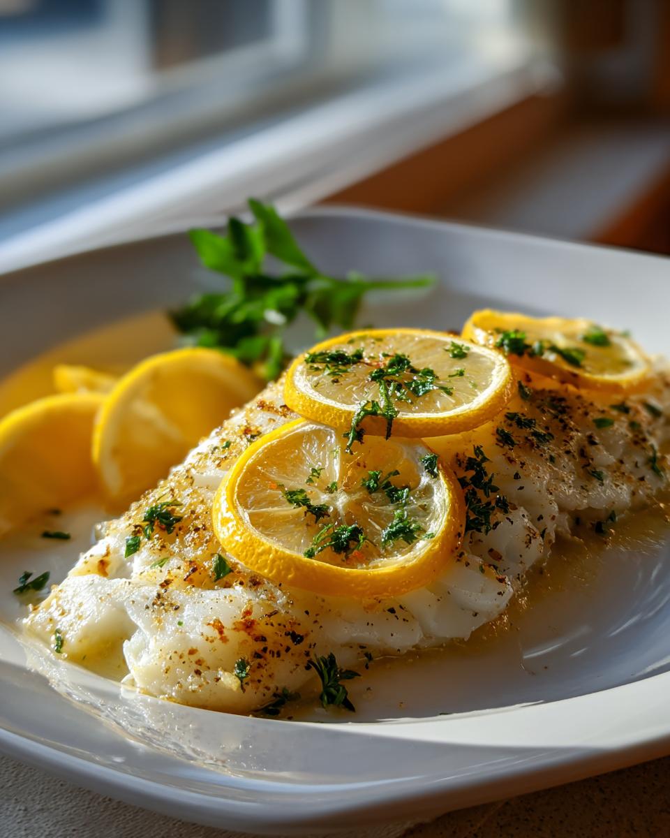 Close-up of Baked Cod with Lemon slices and fresh herbs on a white plate, ready to serve.