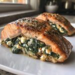 Two pieces of Baked Stuffed Salmon With Spinach & Feta on a white plate, showing the filling.