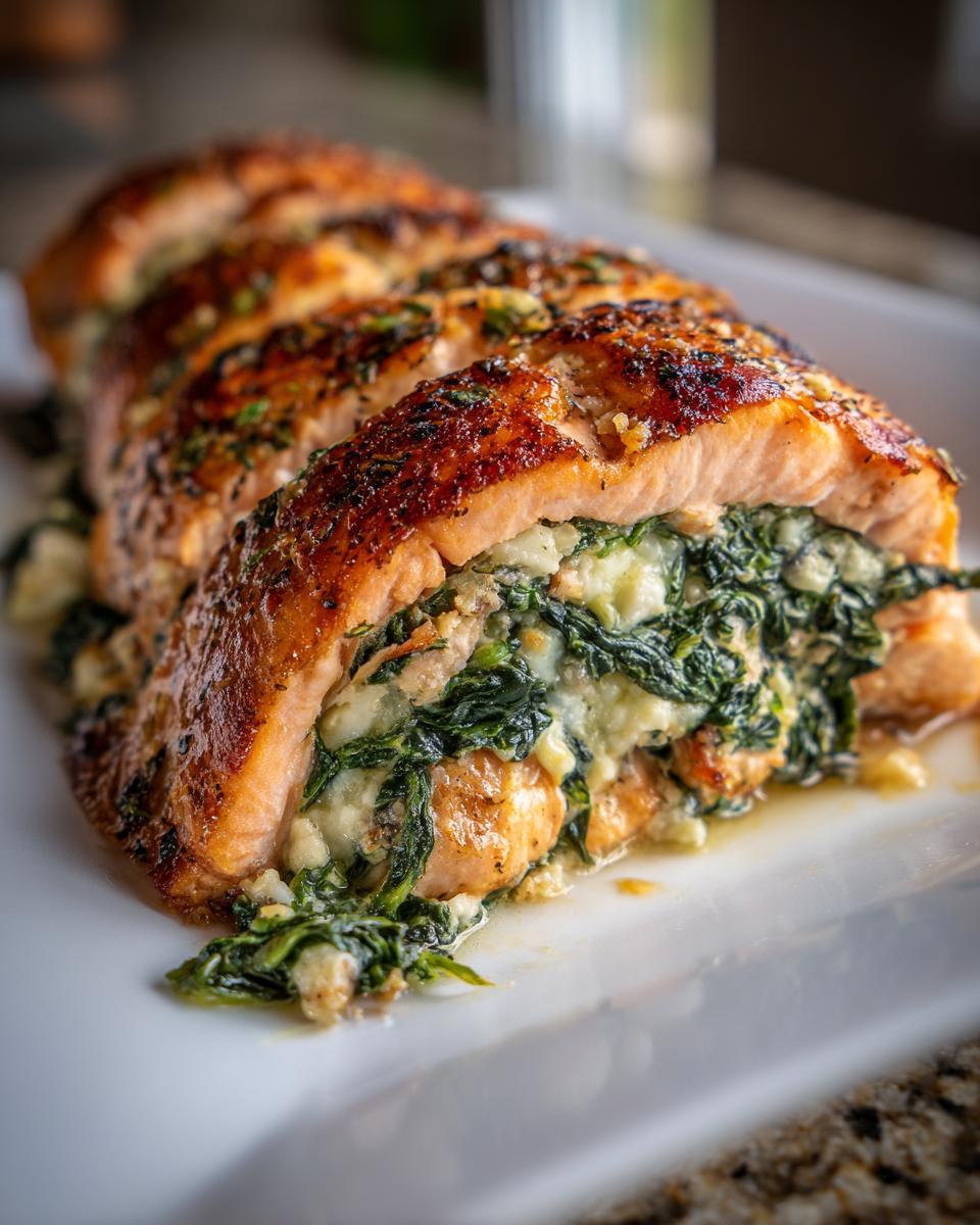 Delicious Baked Stuffed Salmon With Spinach & Feta on a white serving platter.