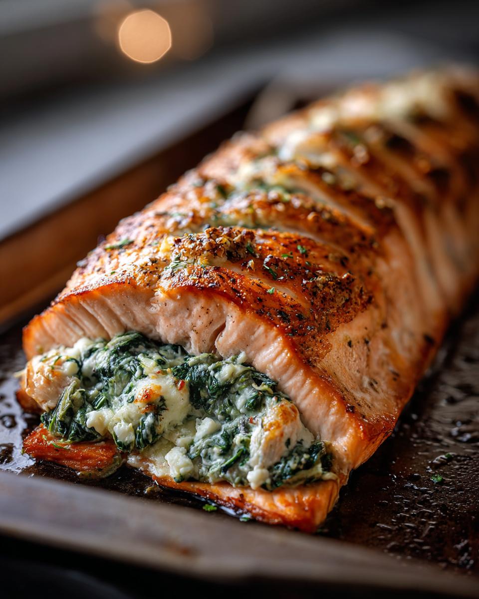 Close-up of Baked Stuffed Salmon With Spinach & Feta filling, showcasing the flaky salmon and creamy filling.