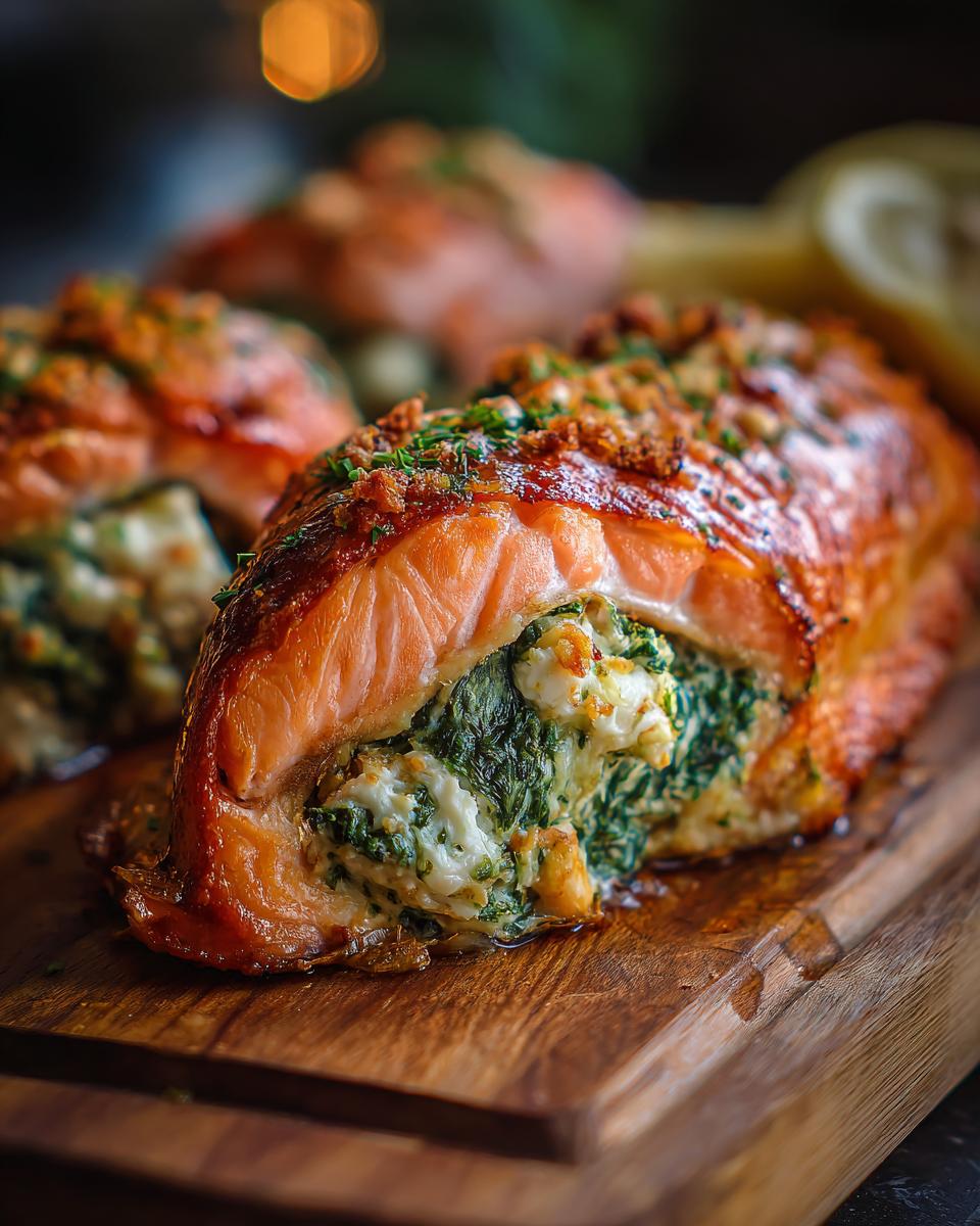 Close-up of Baked Stuffed Salmon With Spinach & Feta on a wooden board, showcasing the creamy filling.