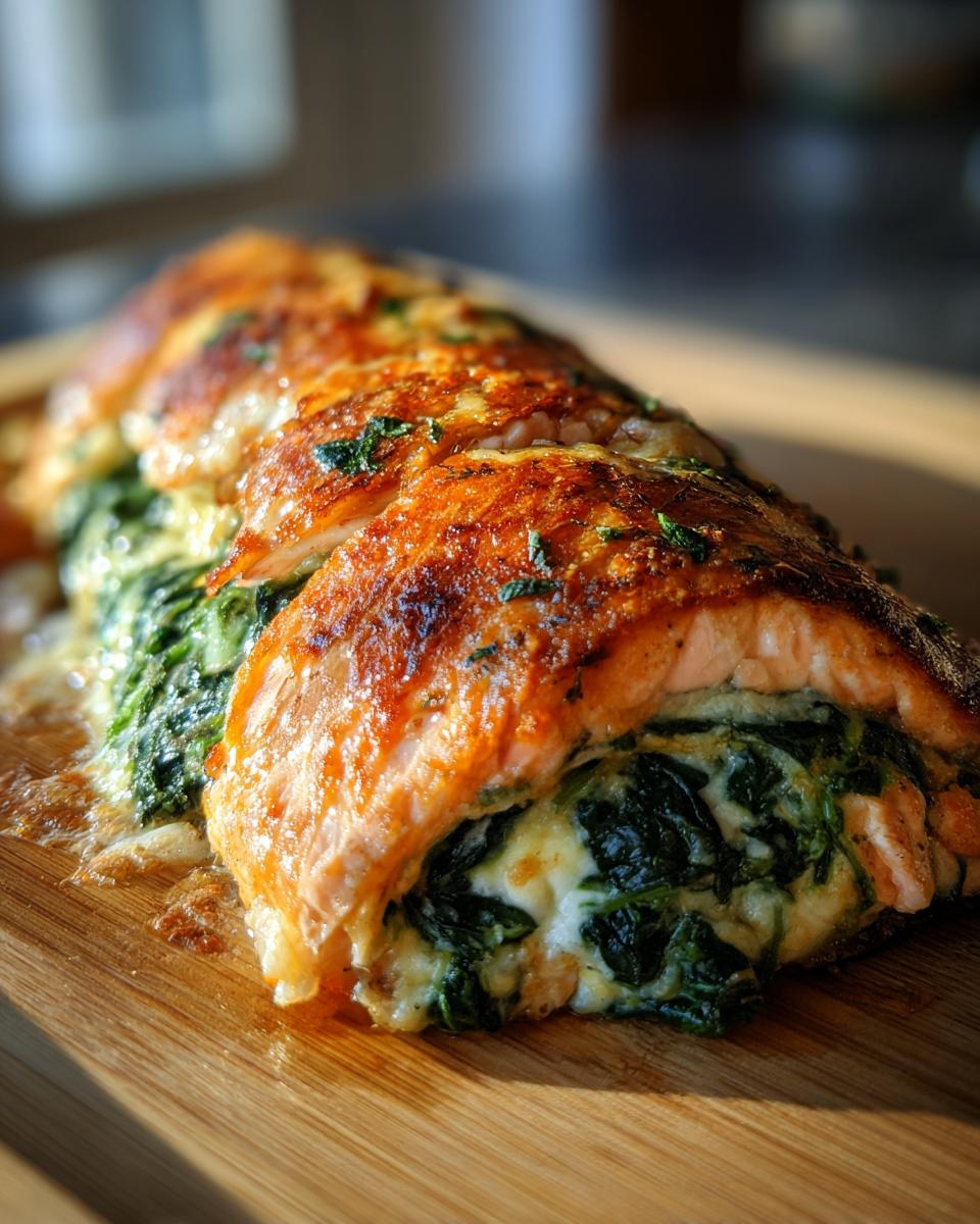 Close-up of Baked Stuffed Salmon With Spinach & Feta on a wooden board, showing the filling.