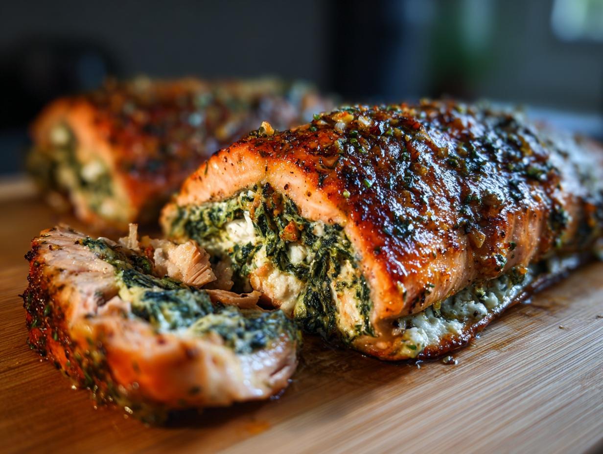 Close-up of Baked Stuffed Salmon With Spinach & Feta on a wooden board, showing the filling.