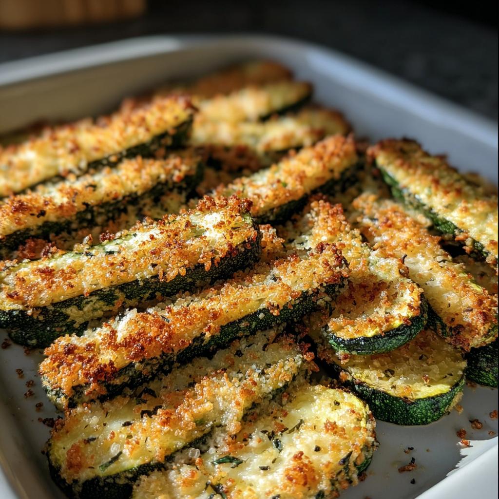 Baked zucchini slices with a crispy golden-brown topping, perfect for High Protein Chicken Parm.