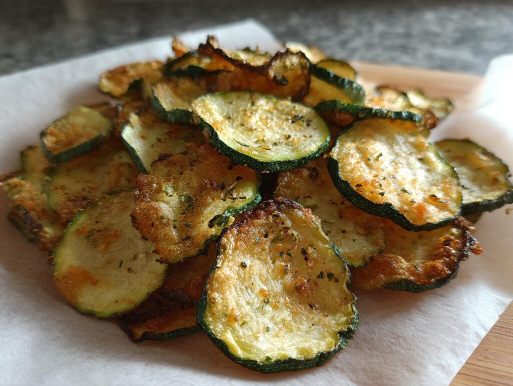 Pile of crispy baked zucchini slices, seasoned with herbs. A delicious Low-Carb Oven Dish Recipe.