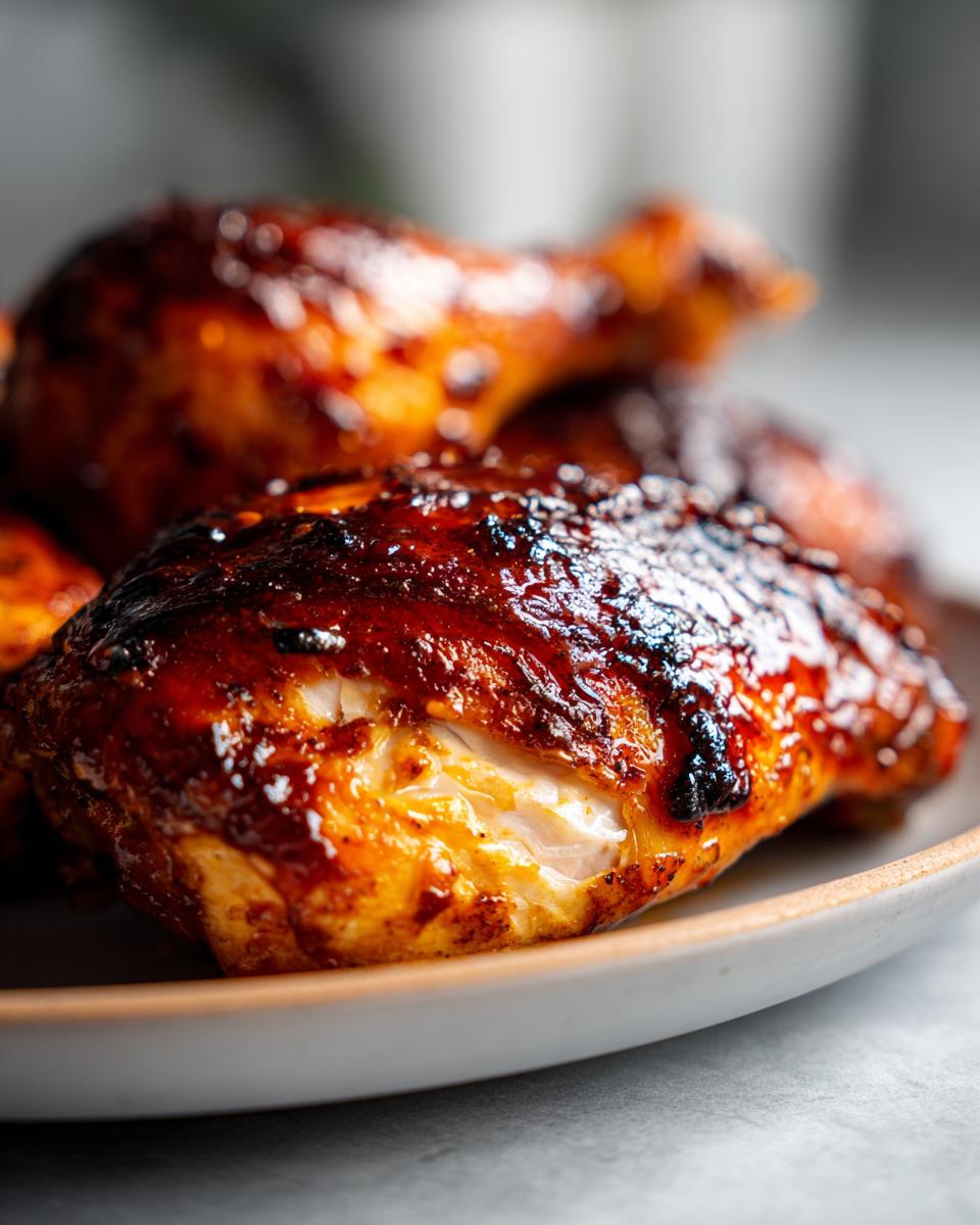 Close-up of a glazed Balsamic Baked Chicken Breast on a plate, showcasing its juicy interior.