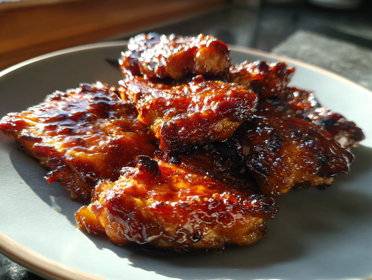 A plate of glistening Balsamic Baked Chicken Breast pieces, showcasing the rich glaze and texture.