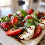 Close-up of Balsamic Strawberry Caprese salad with fresh basil and balsamic glaze.