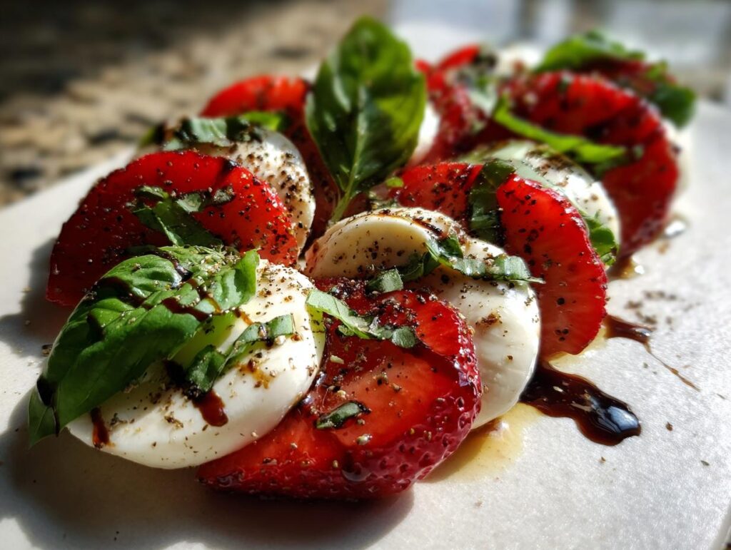 Close-up of Balsamic Strawberry Caprese salad with fresh mozzarella, strawberries, basil, and balsamic glaze.