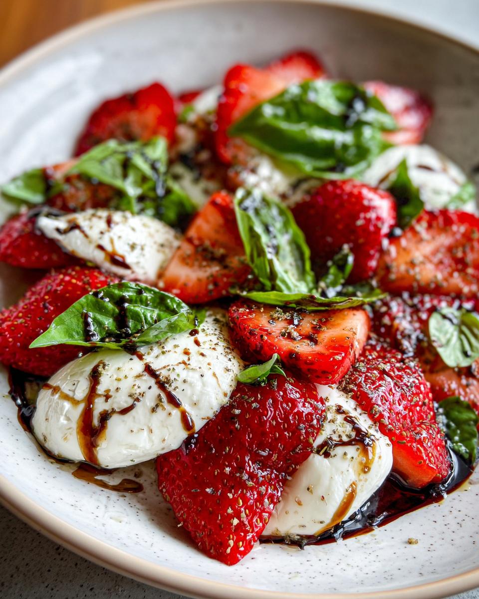 Close-up of Balsamic Strawberry Caprese salad with fresh strawberries, mozzarella, basil, and balsamic glaze.