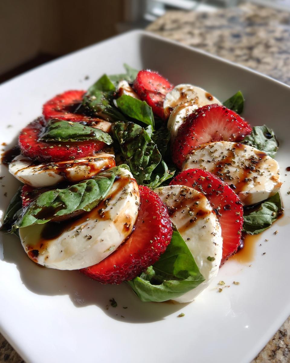 A vibrant Balsamic Strawberry Caprese salad with fresh strawberries, mozzarella, basil, and balsamic glaze.