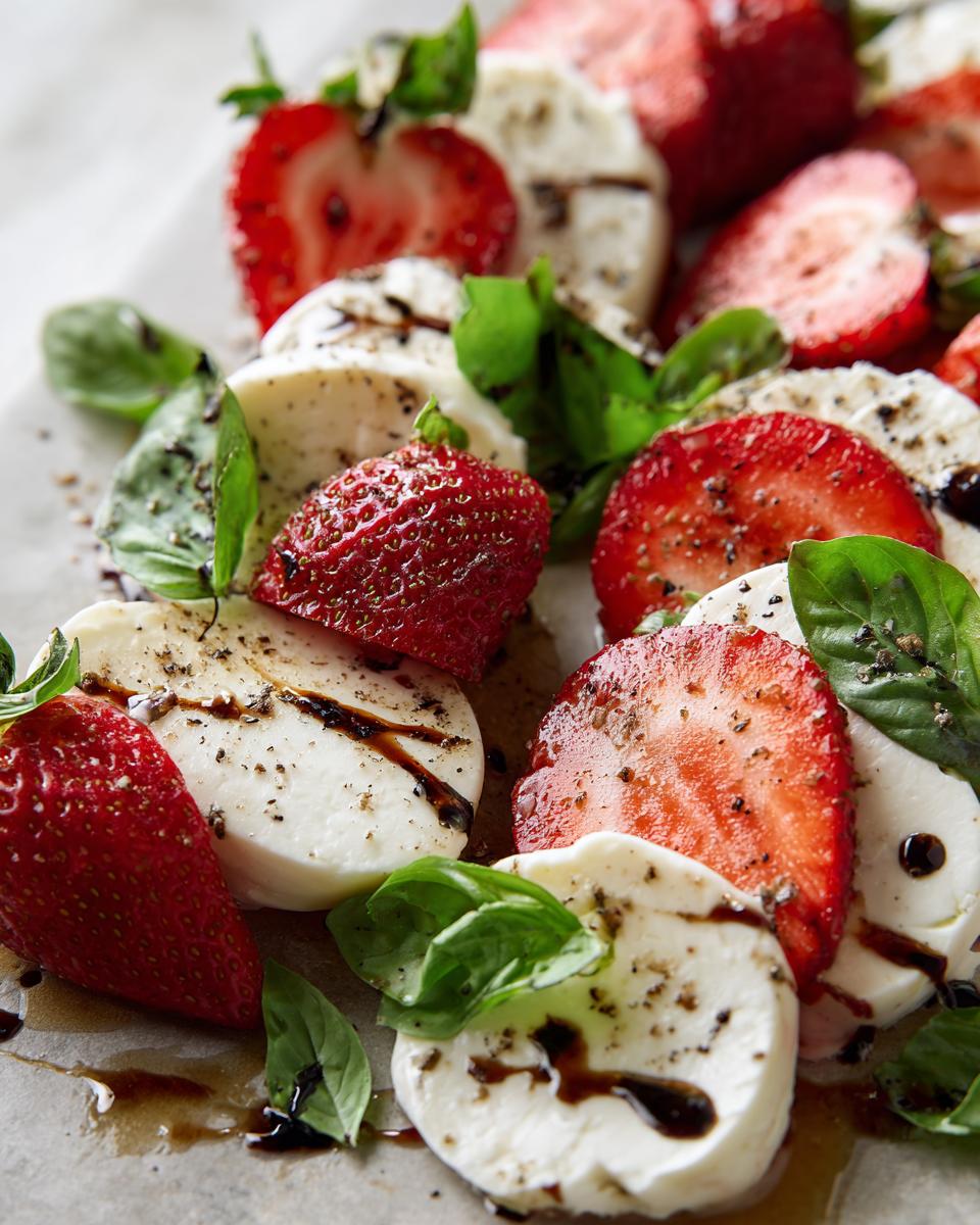 Close-up of Balsamic Strawberry Caprese salad with fresh strawberries, mozzarella, basil, and balsamic glaze.