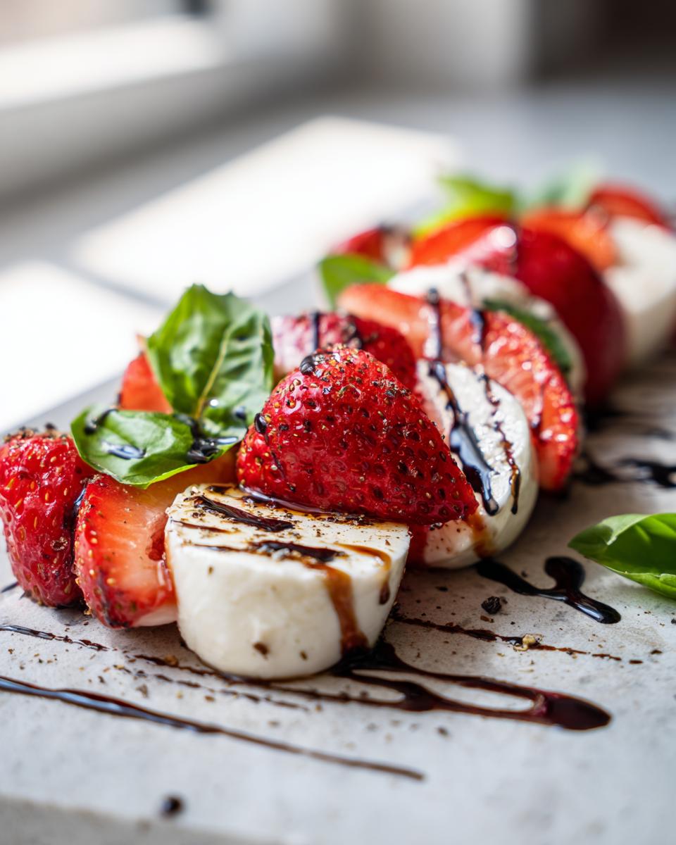 Close-up of Balsamic Strawberry Caprese skewers with fresh basil and balsamic glaze drizzle.