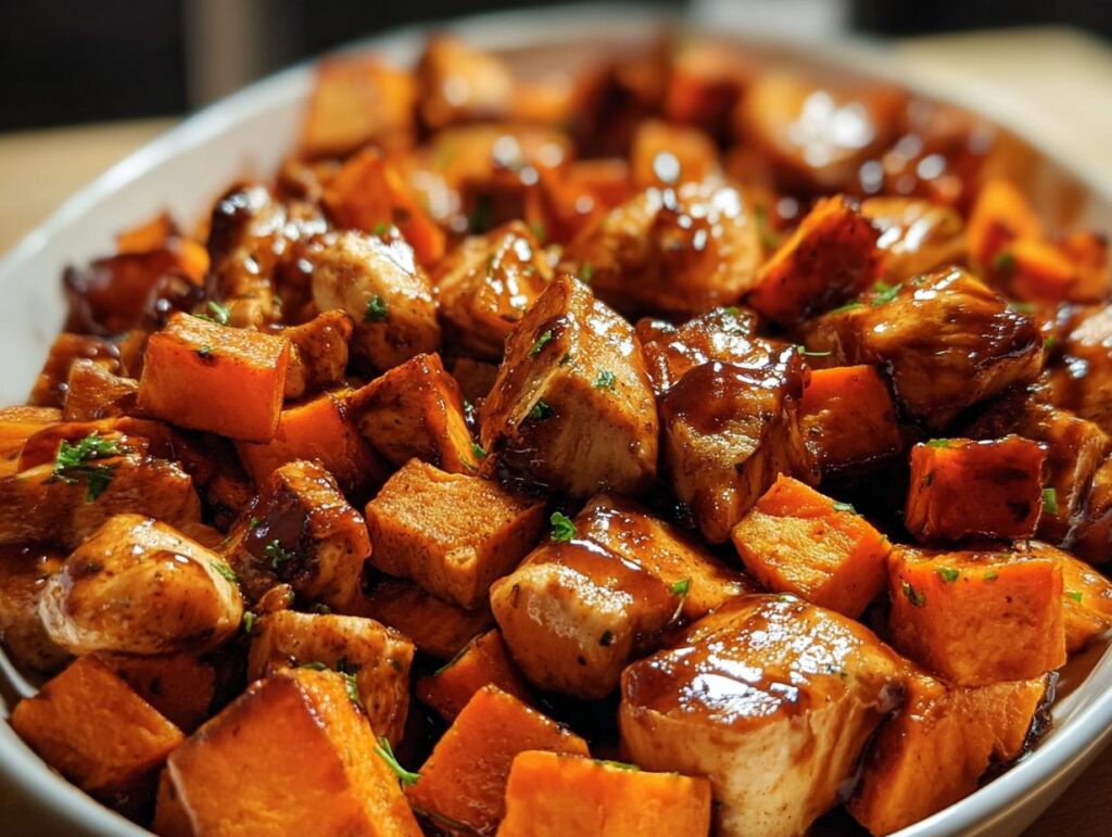 Close-up of BBQ Chicken Sweet Potato chunks in a bowl, glazed with sauce and garnished with herbs.