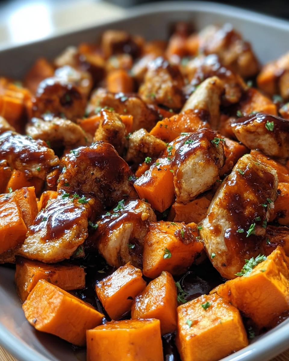 Close-up of BBQ Chicken Sweet Potato dish with cubed chicken and sweet potatoes, glazed with BBQ sauce and garnished with parsley.