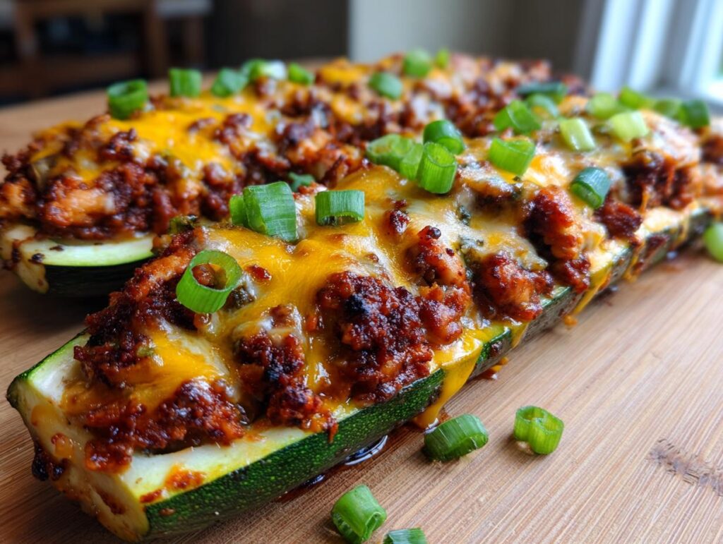 Two BBQ Chicken Zucchini Boats topped with melted cheese and green onions on a wooden board.