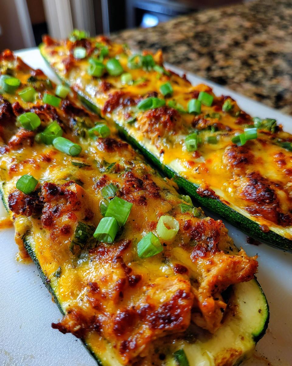 Two BBQ Chicken Zucchini Boats topped with melted cheese and green onions on a white cutting board.