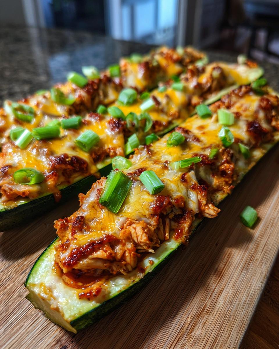 Close-up of BBQ Chicken Zucchini Boats topped with melted cheese and green onions.