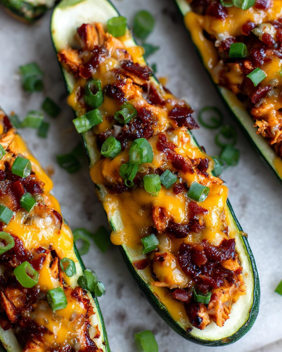 Close-up of BBQ Chicken Zucchini Boats topped with melted cheese, bacon, and green onions.