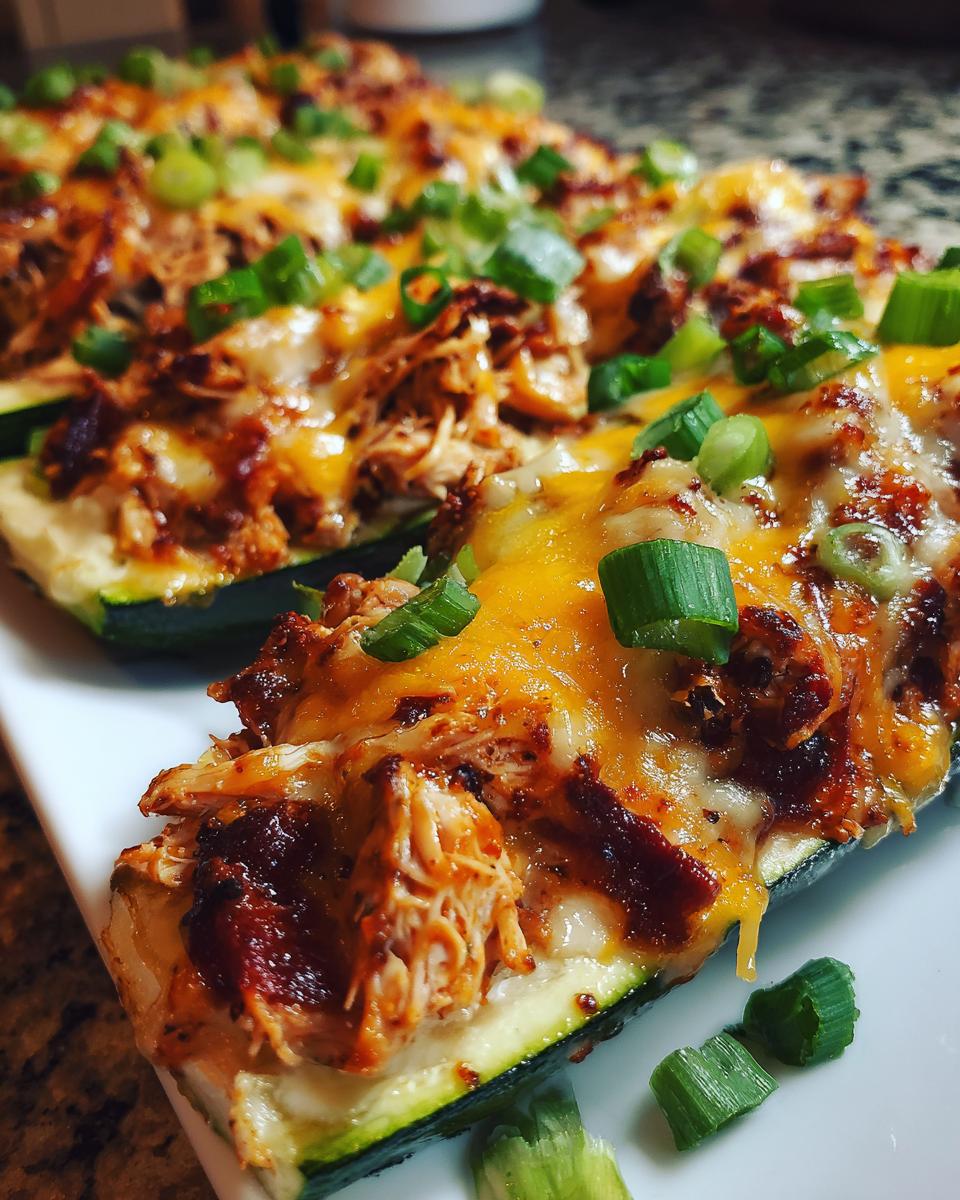Close-up of BBQ Chicken Zucchini Boats topped with melted cheese and green onions.