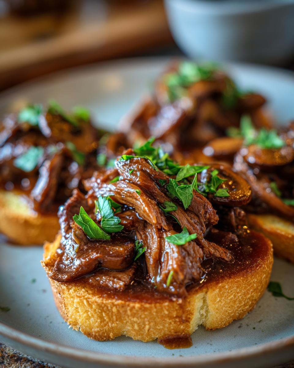 Close-up of Best Beef Manhattan appetizers on toasted bread, topped with beef, gravy, and parsley.