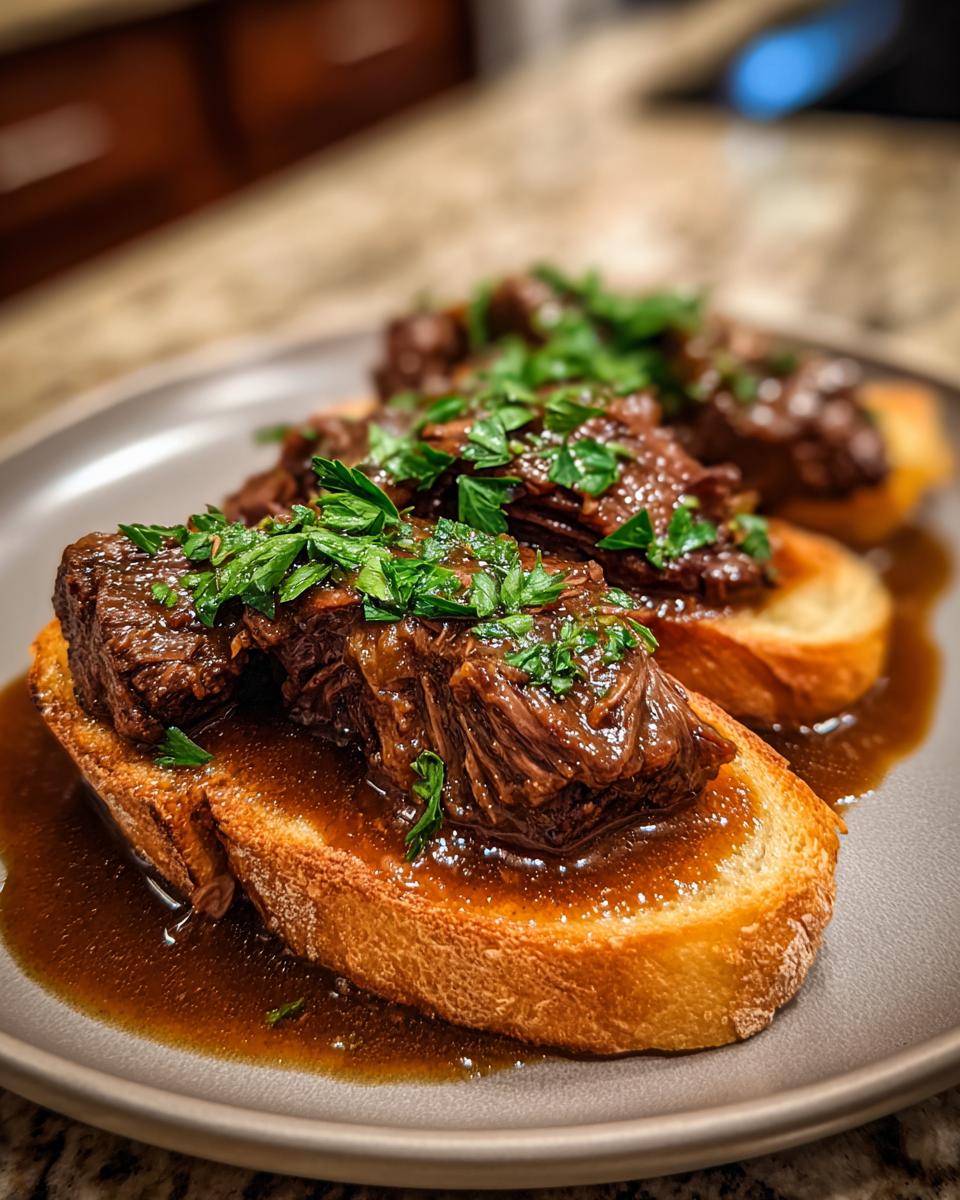 Three pieces of Best Beef Manhattan on toasted crostini, garnished with fresh parsley and rich brown gravy.