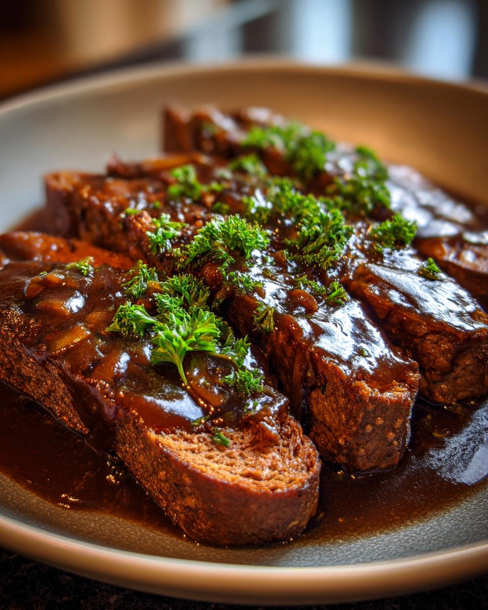 Slices of Best Beef Manhattan, smothered in rich gravy and garnished with fresh parsley.