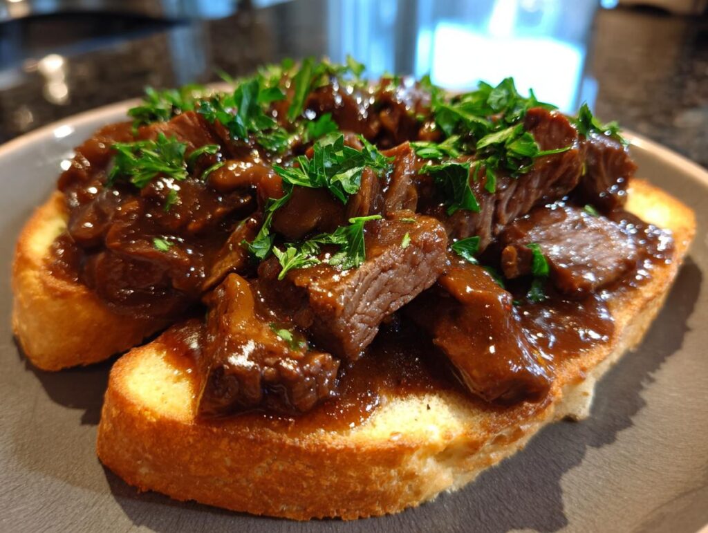 Best Beef Manhattan featuring tender beef in rich gravy, served over toasted bread and garnished with fresh parsley.