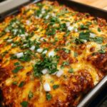 A pan of cheesy Birria Enchiladas, topped with cilantro and onions, fresh out of the oven.