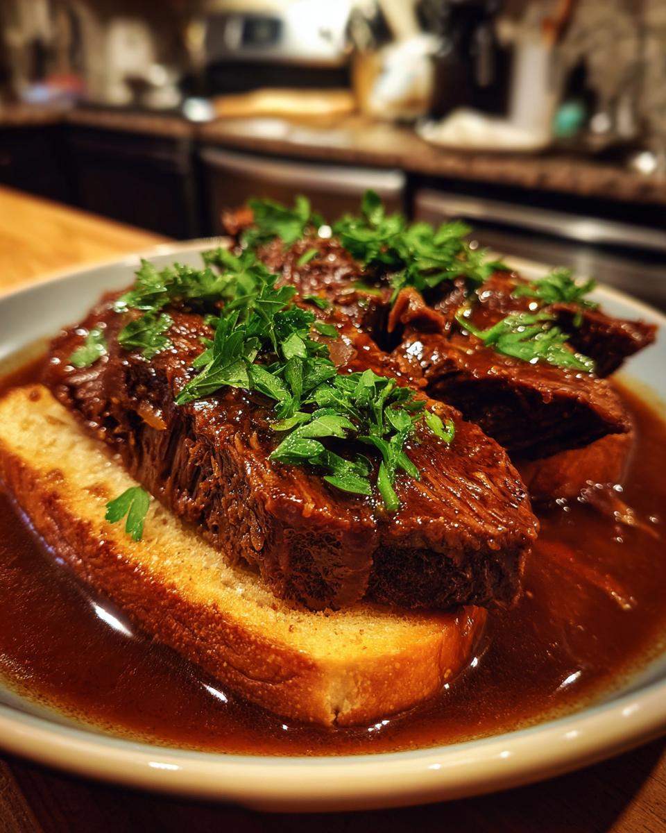 Close-up of tender birria meat on bread, garnished with parsley, ready for Birria Enchiladas.
