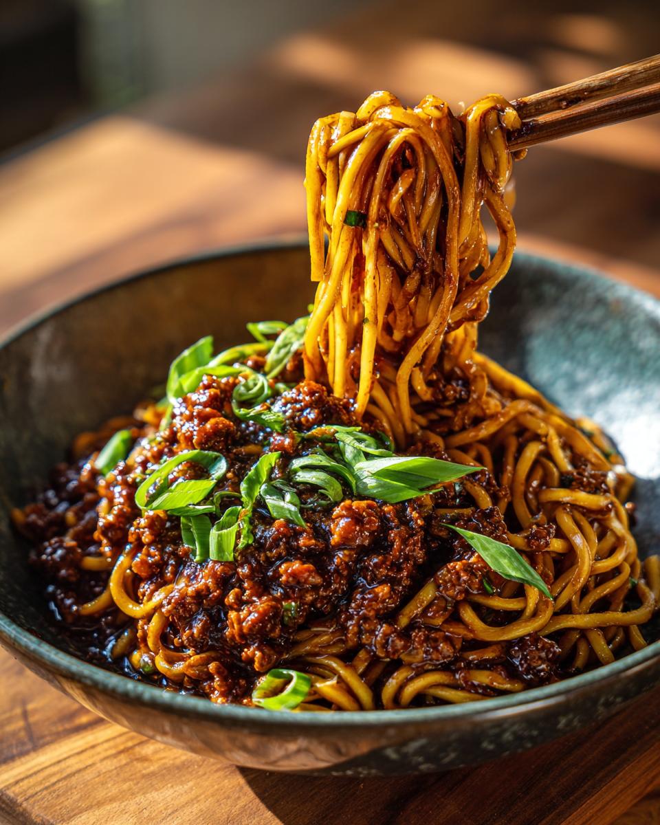 Bowl of noodles topped with savory meat and green onions, chopsticks lifting some noodles. Inspired by Birria Enchiladas.