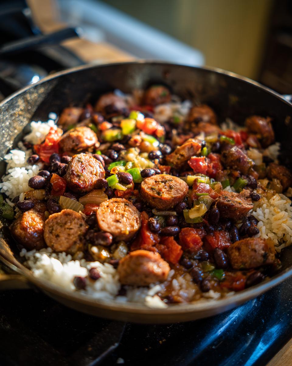 One-pan Black Beans and Rice Sausage with sliced sausage, rice, black beans, tomatoes, and peppers.