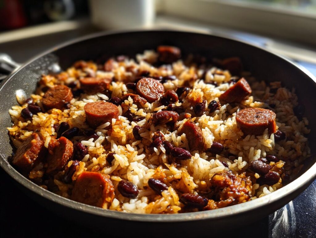 A pan filled with delicious Black Beans and Rice Sausage, ready to be served.