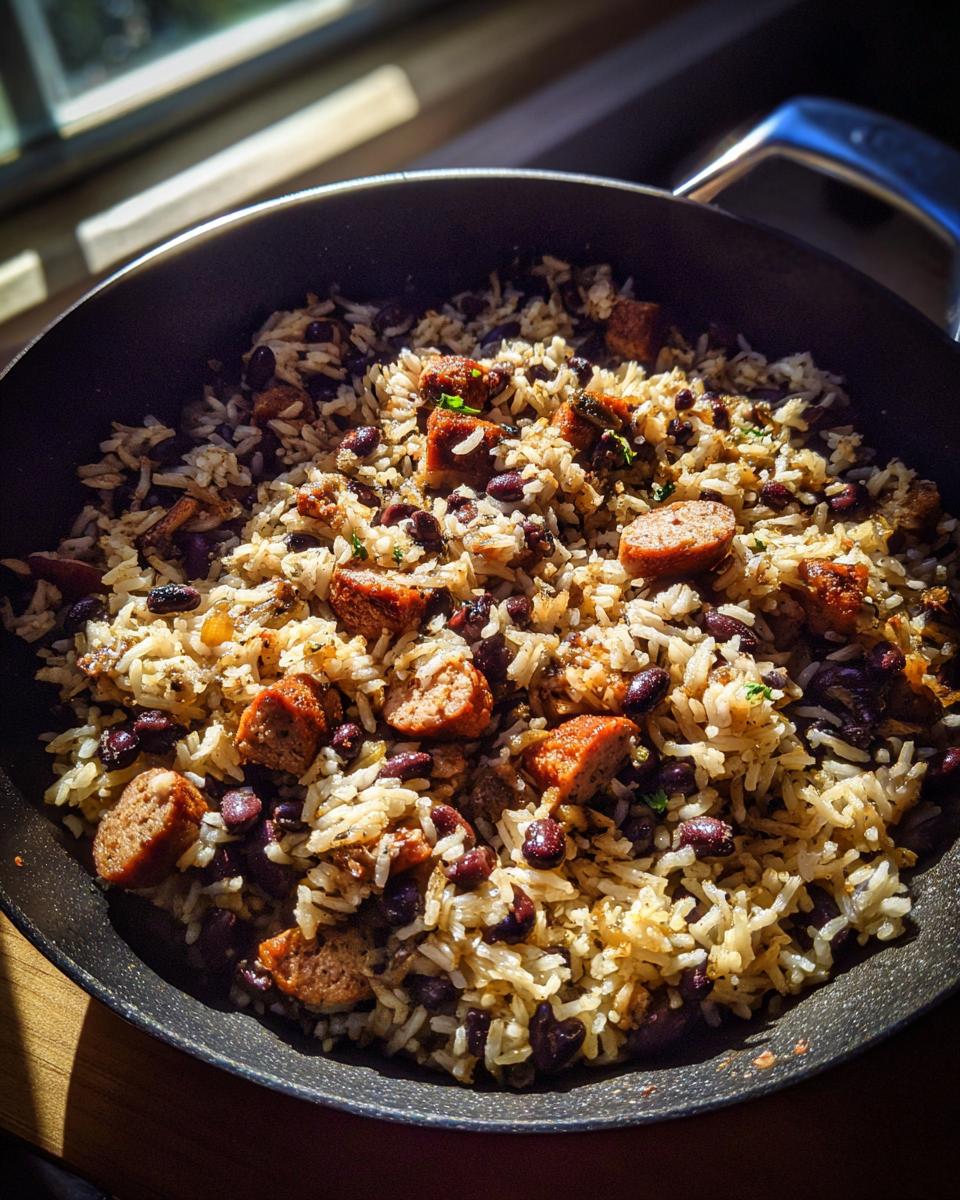 Close-up of Black Beans and Rice Sausage dish in a pan, featuring rice, beans, and sausage.