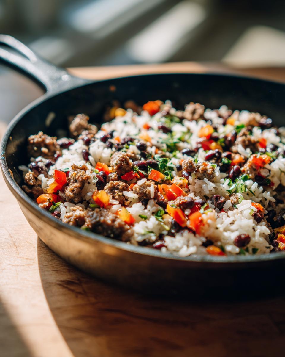 A skillet filled with Black Beans and Rice Sausage, featuring sausage, rice, black beans, and red bell peppers.