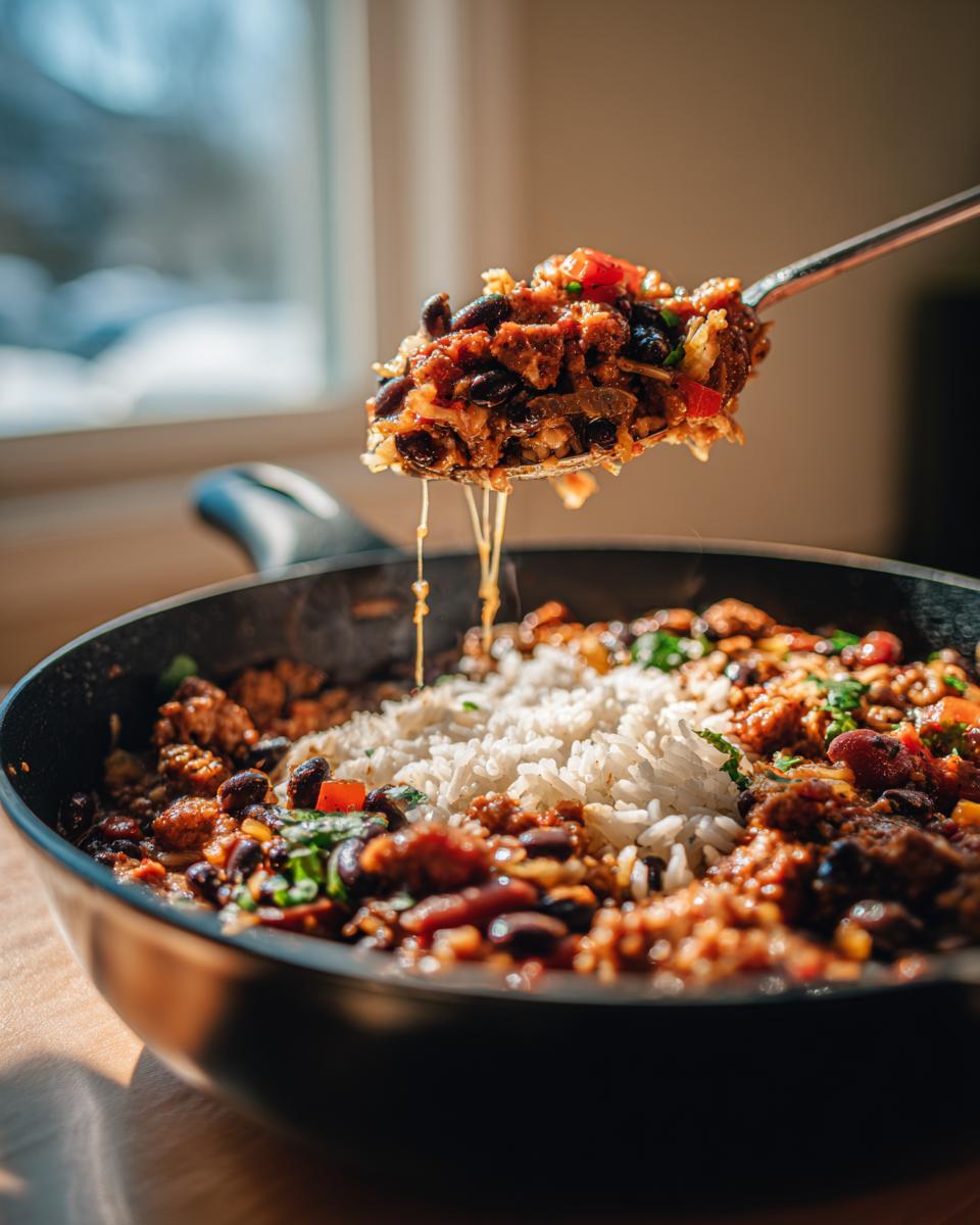 Spoonful of Black Beans and Rice Sausage being lifted from a pan. A delicious one-pan meal.